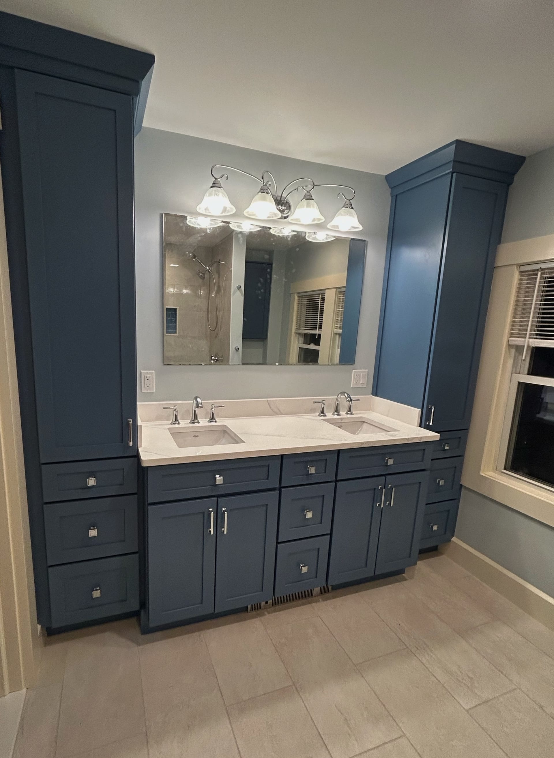 Spacious luxury bathroom with contemporary marble shower